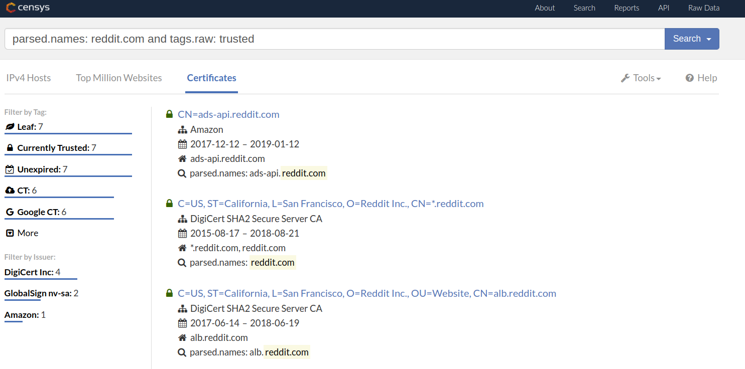 Finding SSL certificates issued to reddit.com and its subdomains (click to ...