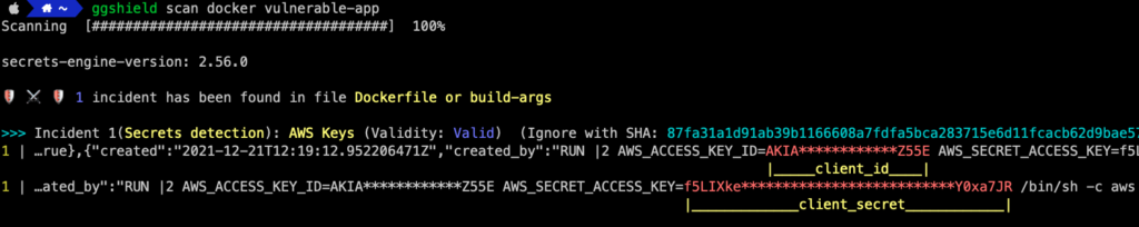 GitGuardian identifying AWS credentials in the layers of a Docker image. It evens validates the credentials against AWS, to reduce false positives.